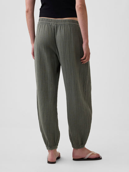 Beyaz Pamuk Gauze Barrel Jogger Pantolon