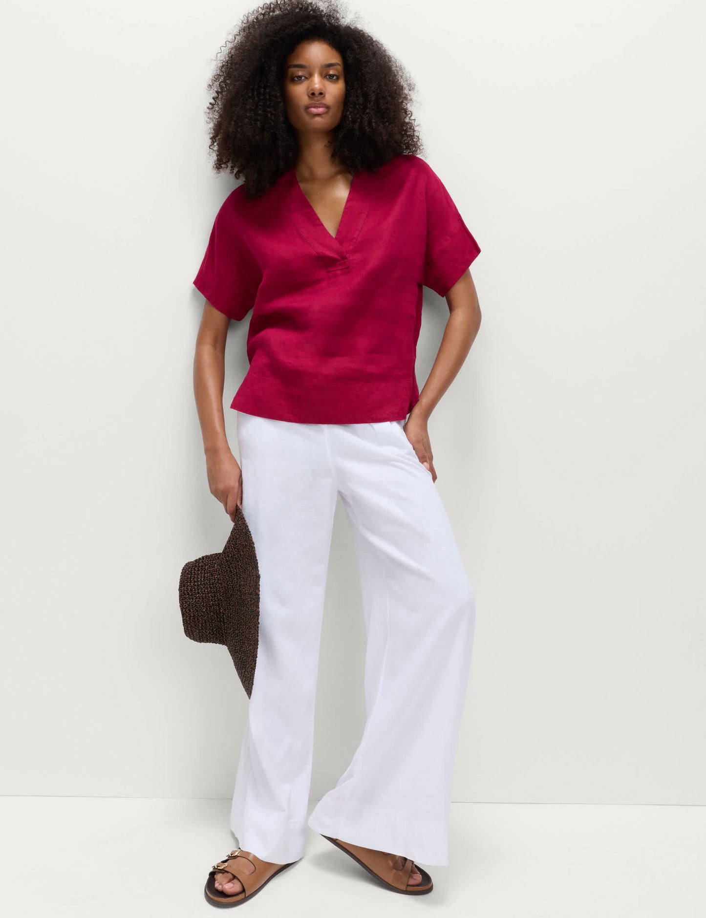 %100 Keten V Yaka Popover Bluz