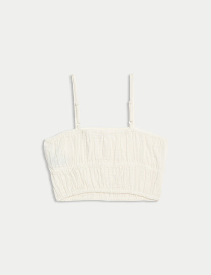 %100 Pamuklu Büzgülü Bardot Crop Üst (6–16 Yaş)