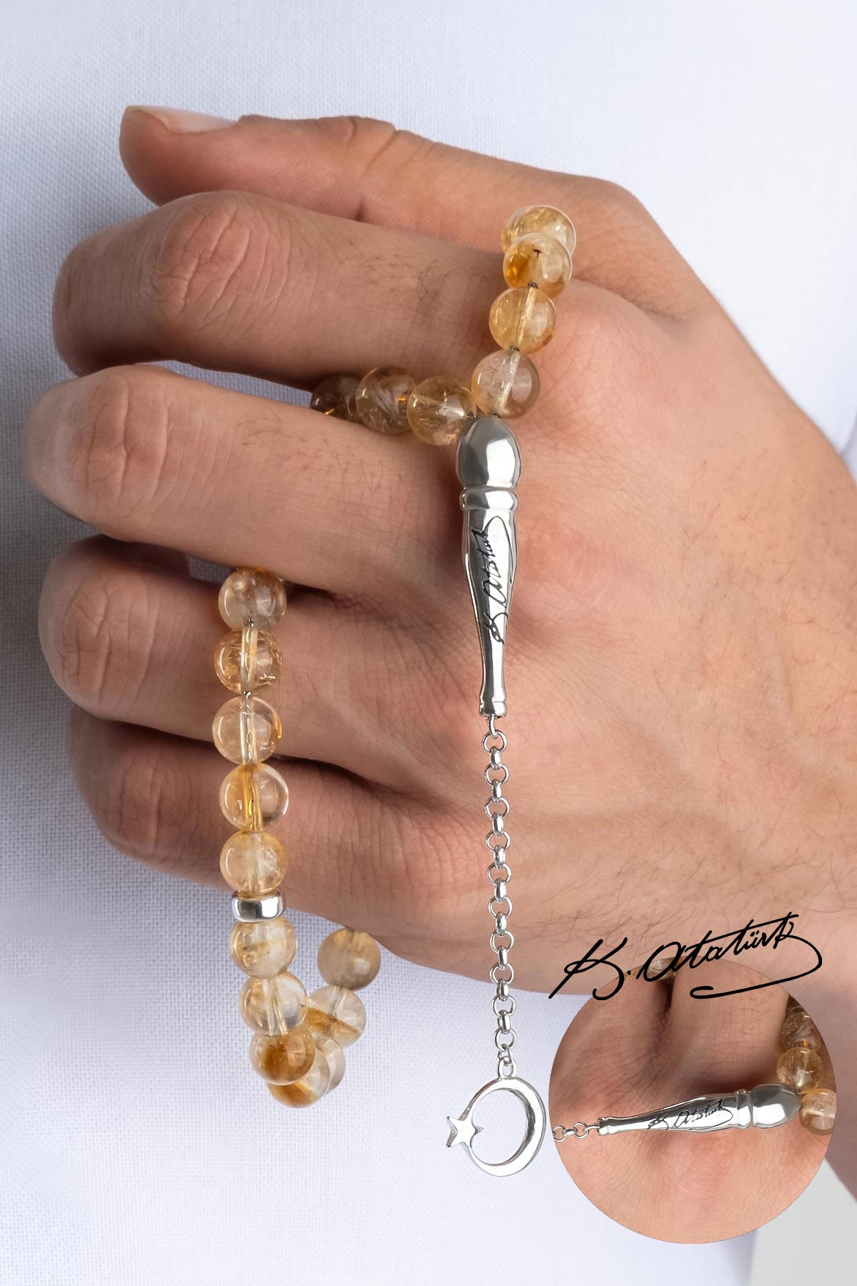 Atatürk Imzalı Doğal Sitrin Taşlı 23 Cm Gümüş Tesbih F57252599