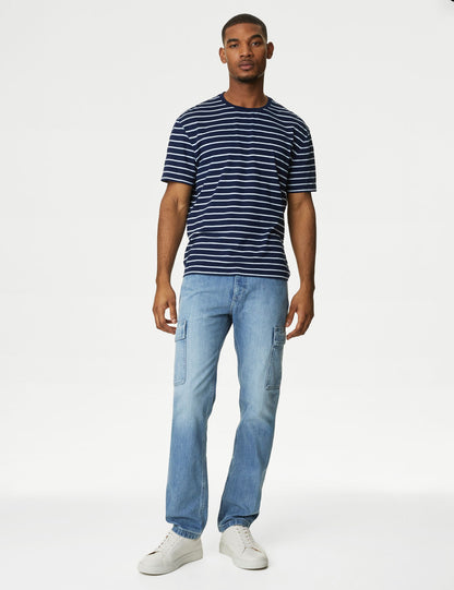 Saf Pamuklu Straight Fit Kargo Jean Pantolon