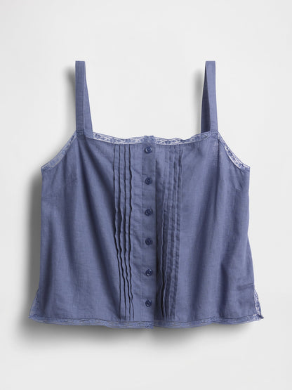 Beyaz Keten Karışımlı Pintuck Kısa Askılı Pijama Üstü
