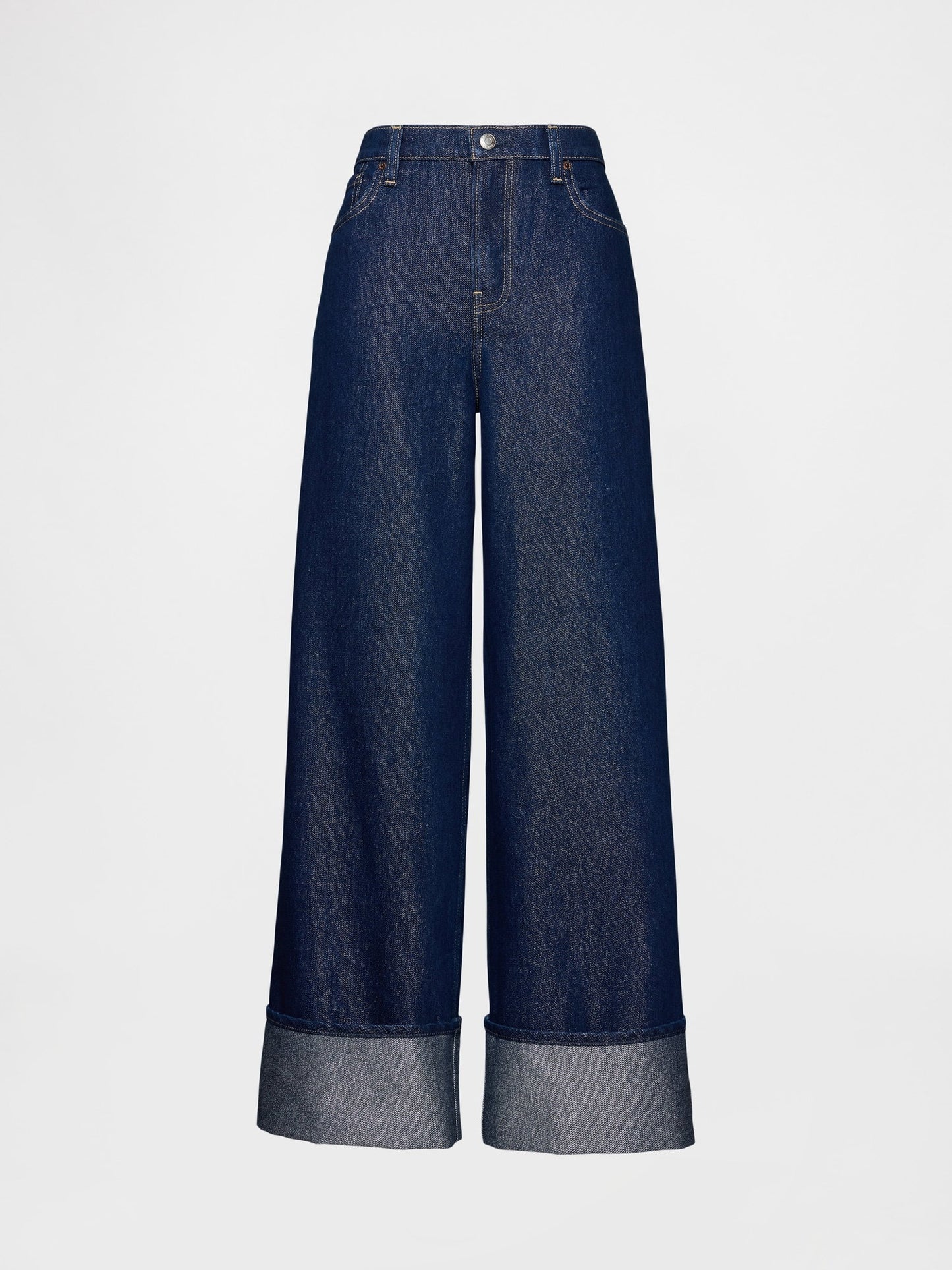 Koyu Mavi Mid Rise Metalik Cuffed Baggy Jean Pantolon