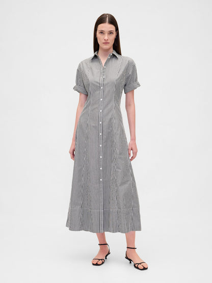 Siyah Beyaz Çizgili Poplin Roll-cuff Midi Gömlek Elbise