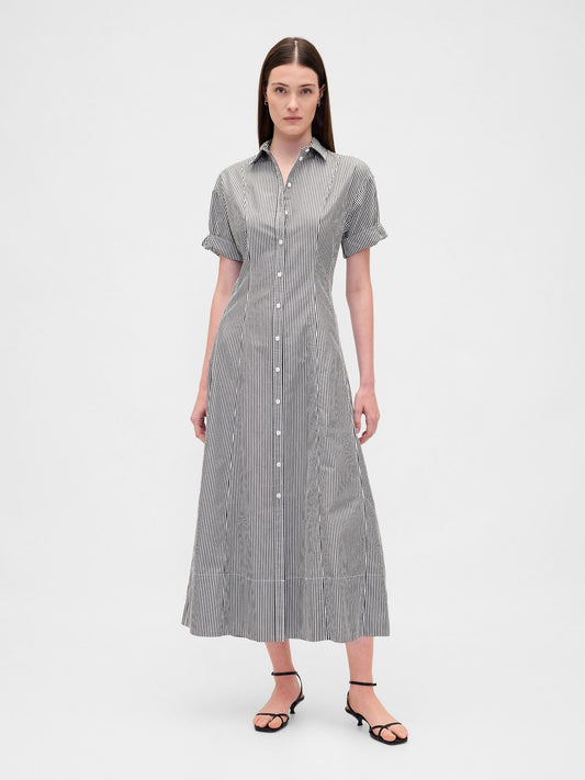 Siyah Beyaz Çizgili Poplin Roll-cuff Midi Gömlek Elbise