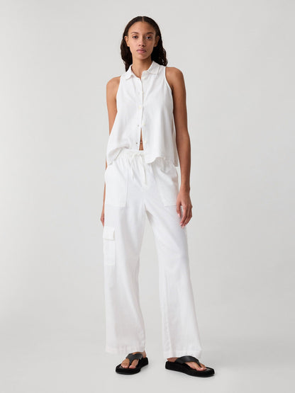 Beyaz Keten Karışımlı Wide-leg Kargo Pull-on Pantolon