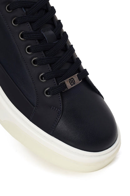 Erkek Lacivert Bağcıklı Kalın Tabanlı Deri Sneaker