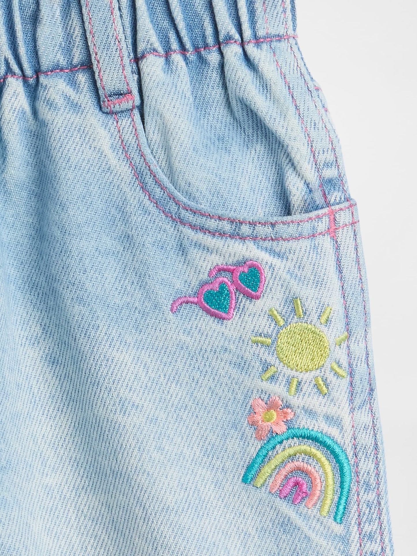 Açık Mavi Işlemeli Paperbag Mom Jean Şort