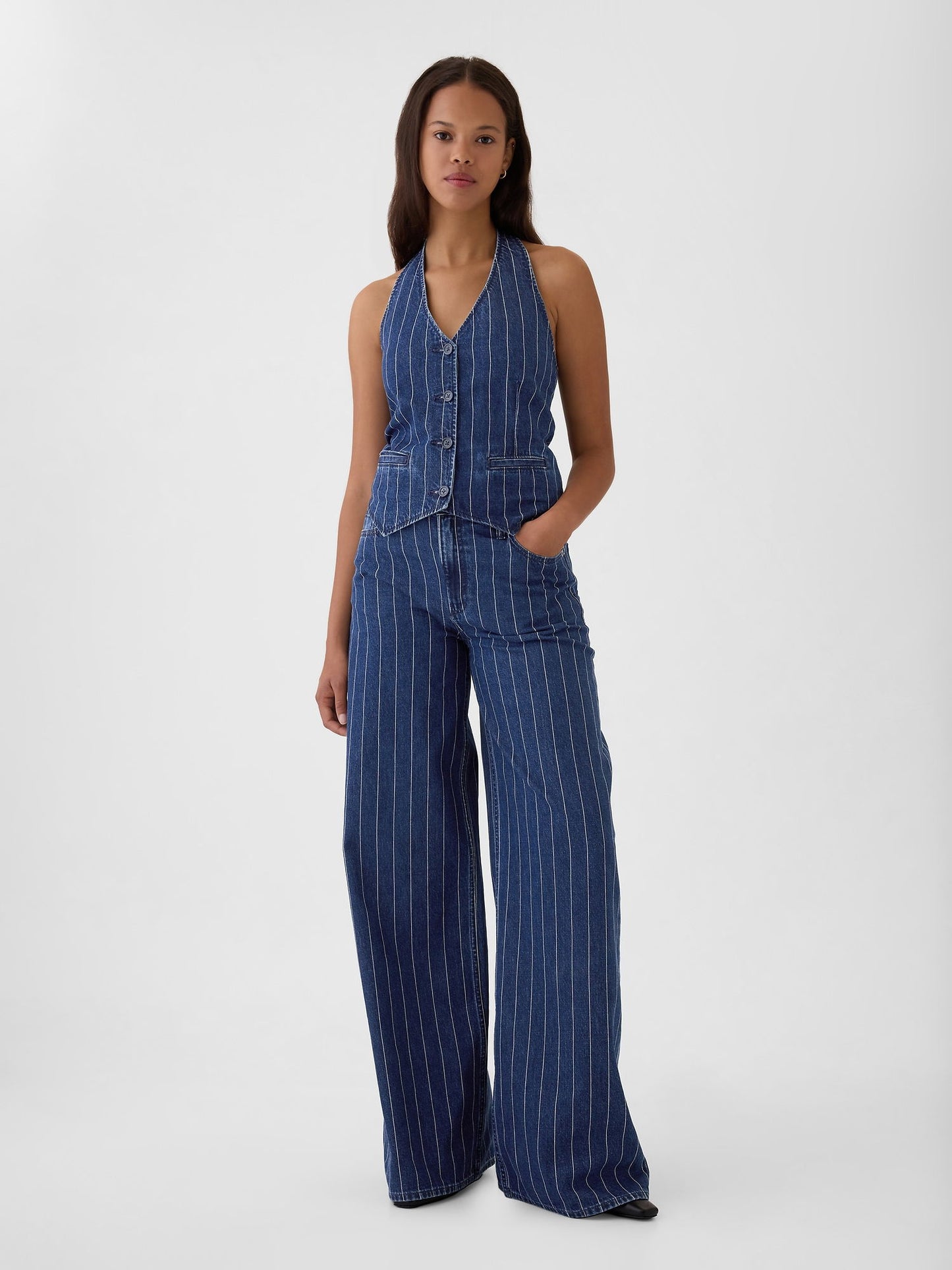 Koyu Mavi Halter Yaka Denim Yelek