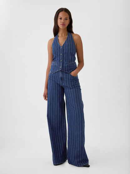 Koyu Mavi Halter Yaka Denim Yelek