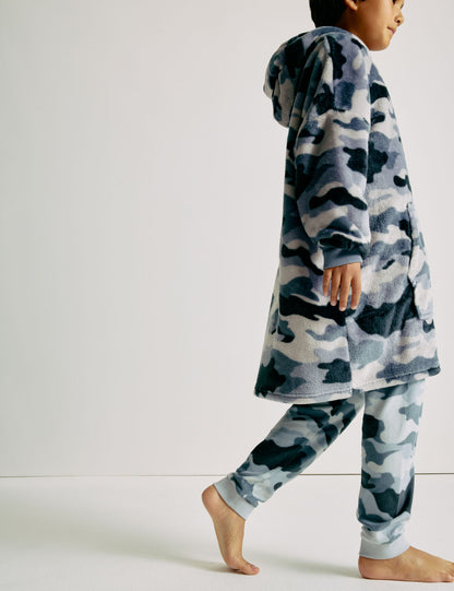 Kamuflaj Desenli Polar Kapüşonlu Oversize Hoodie (3-16 Yaş)