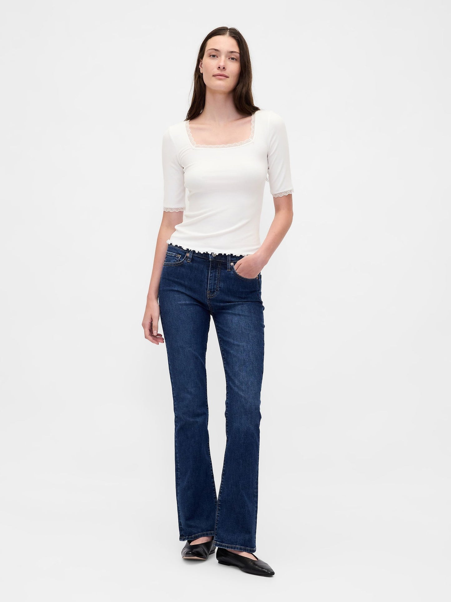 Beyaz Modal Fitilli Dantel Kenar Detaylı Square-neck T-shirt