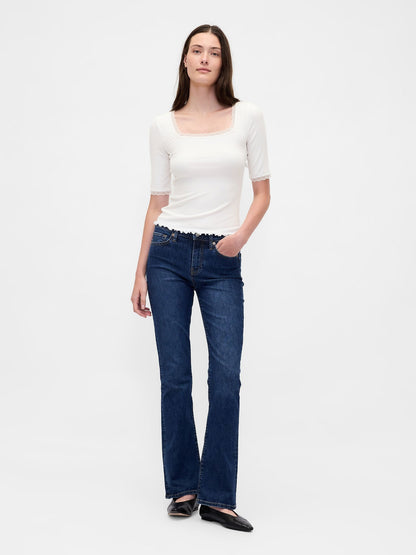 Beyaz Modal Fitilli Dantel Kenar Detaylı Square-neck T-shirt