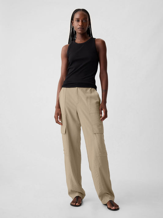 Bej Mid Rise Pull-on Kargo Pantolon