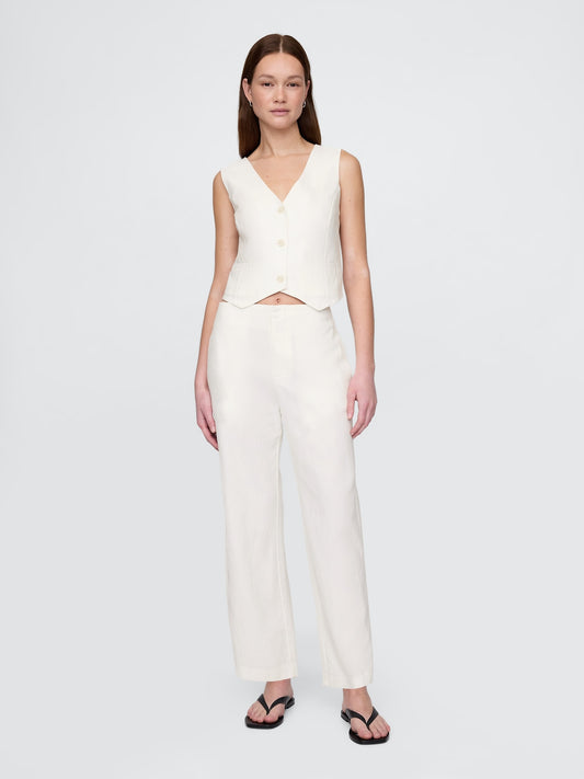 Beyaz Keten Karışımı Relaxed Straight Ankle Pantolon