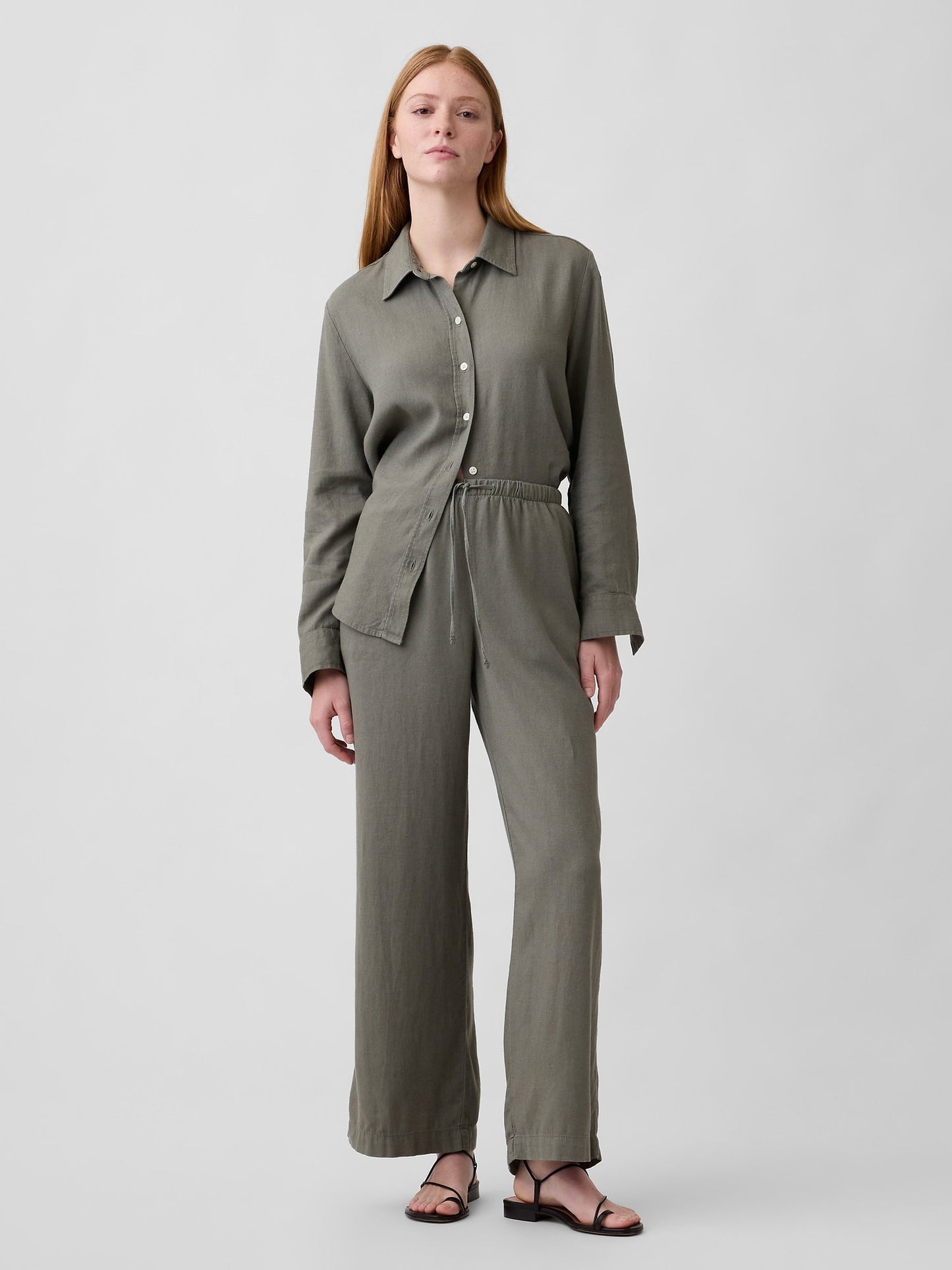 Haki Relaxed Keten Karışımlı Wide-leg Pantolon
