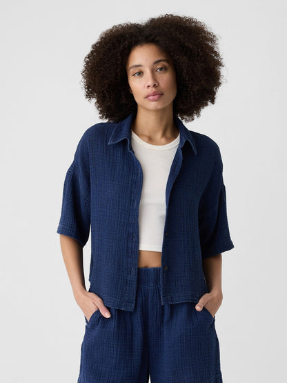 Koyu Mavi Gauze Crop Bluz