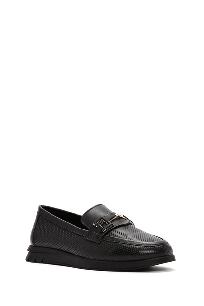 Kadın Siyah Tokalı Deri Comfort Loafer