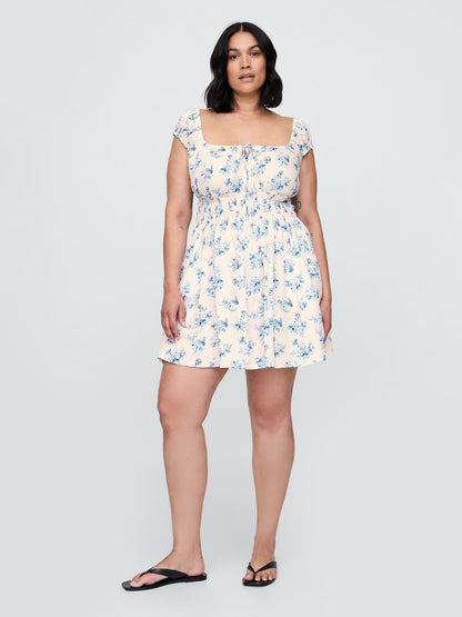 Çok Renkli Bağcıklı Ön Kısmı Smocked Bel Mini Elbise