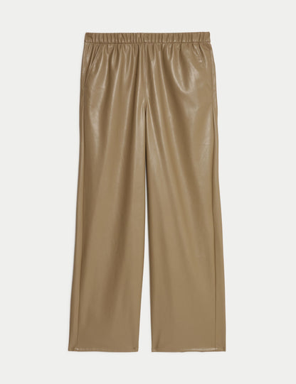 Deri Görünümlü Wide Leg Pantolon