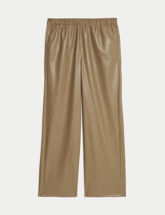 Deri Görünümlü Wide Leg Pantolon