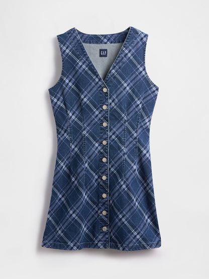 Mavi Kareli Denim V-yaka Mini Elbise