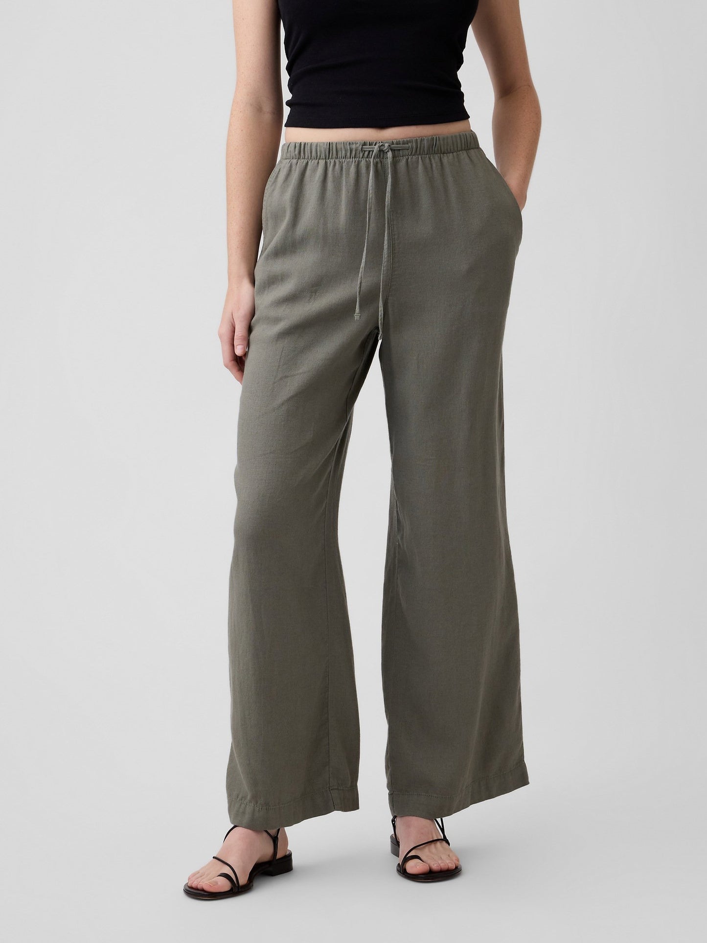 Haki Relaxed Keten Karışımlı Wide-leg Pantolon