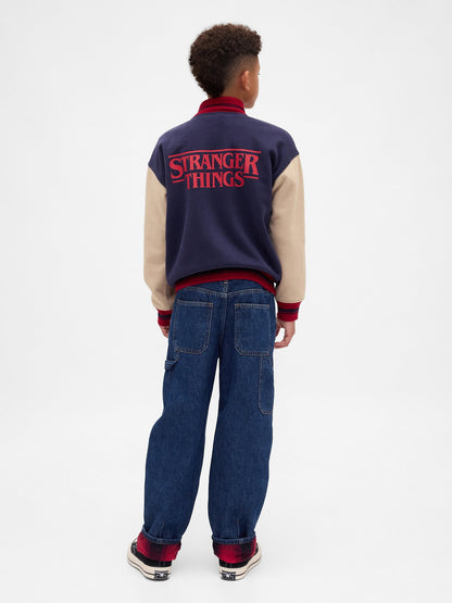 Koyu Mavi Stranger Things Flannel-lined Carpenter Baggy Jean Pantolon