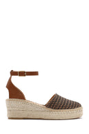 Kadın Taba Bilekten Tokalı Dolgu Topuklu Hasır Deri Espadril Sandalet