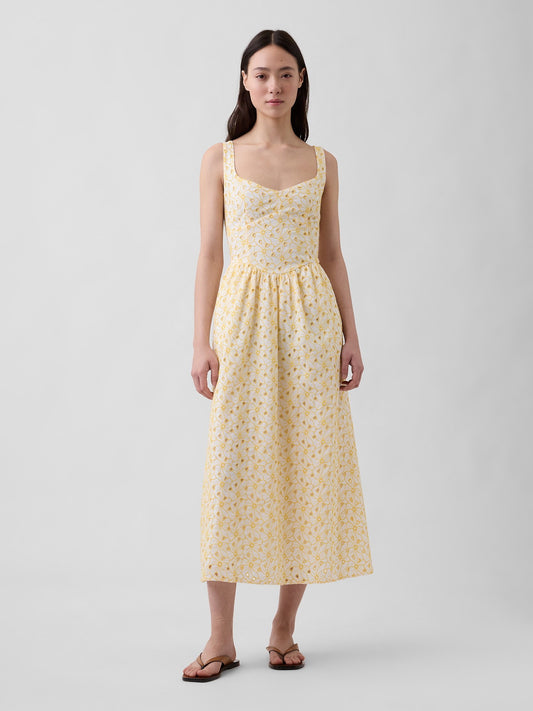 Sarı Eyelet Seamed Drop-waist Maxi Elbise