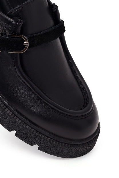 Kadın Siyah Tokalı Kalın Tabanlı Deri Maskülen Loafer
