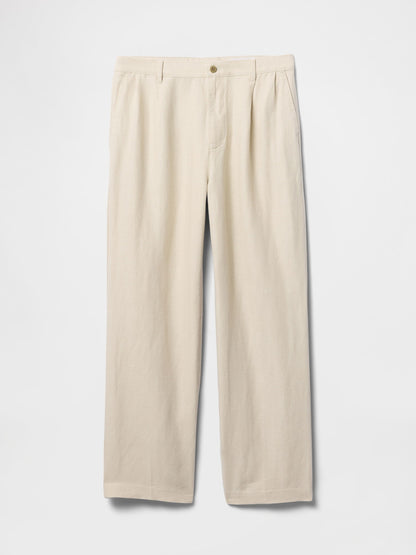 Bej Keten Pamuk Karışımlı '90s Loose Pileli Khaki Pantolon