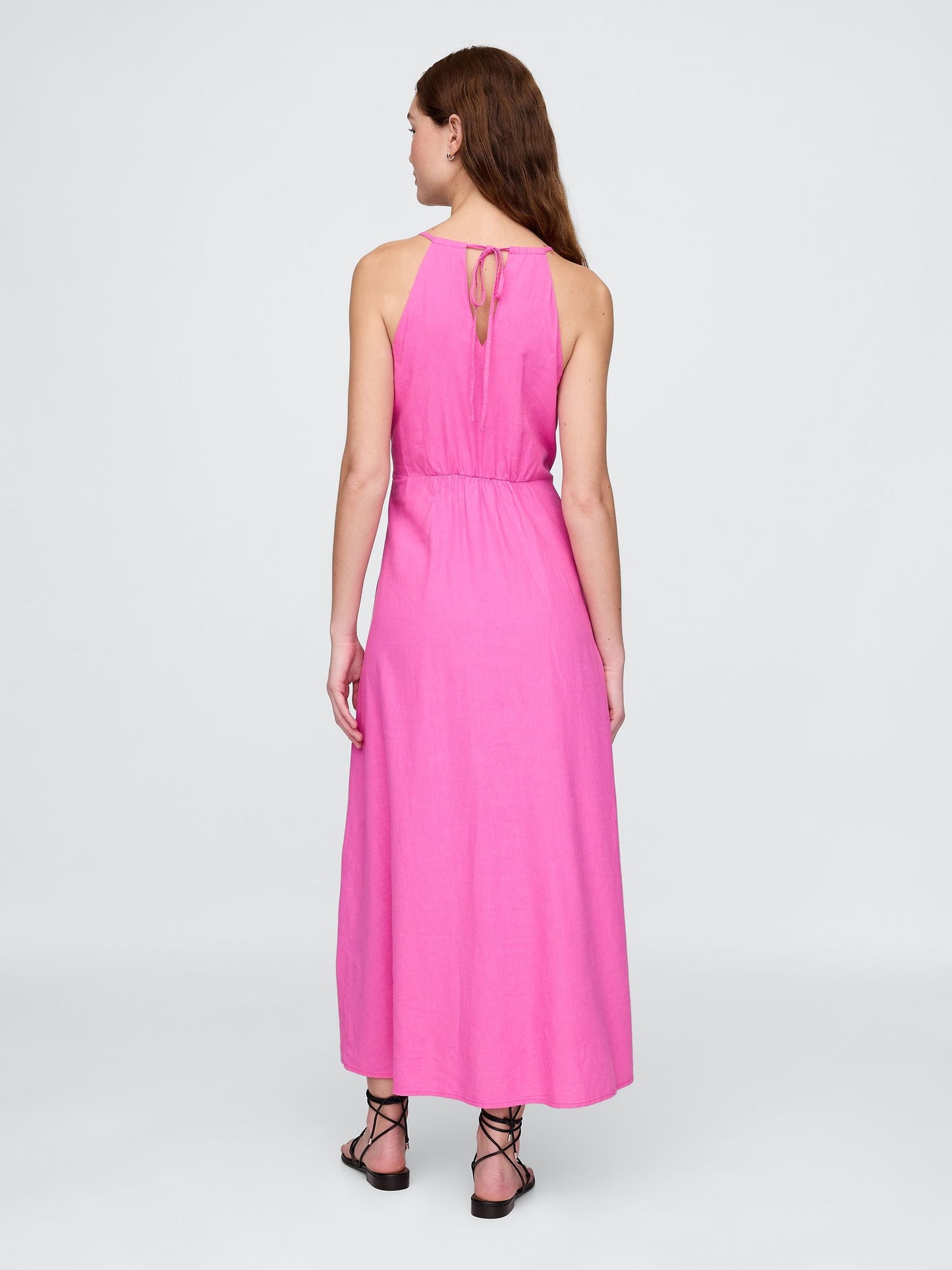 Pembe Linen-blend Nakışlı Halter Maxi Elbise