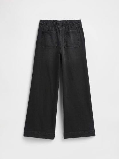 Siyah Pull-on Wide-leg Jean Pantolon