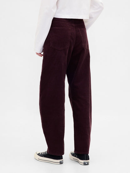 Bordo High Rise Kadife Barrel Pantolon