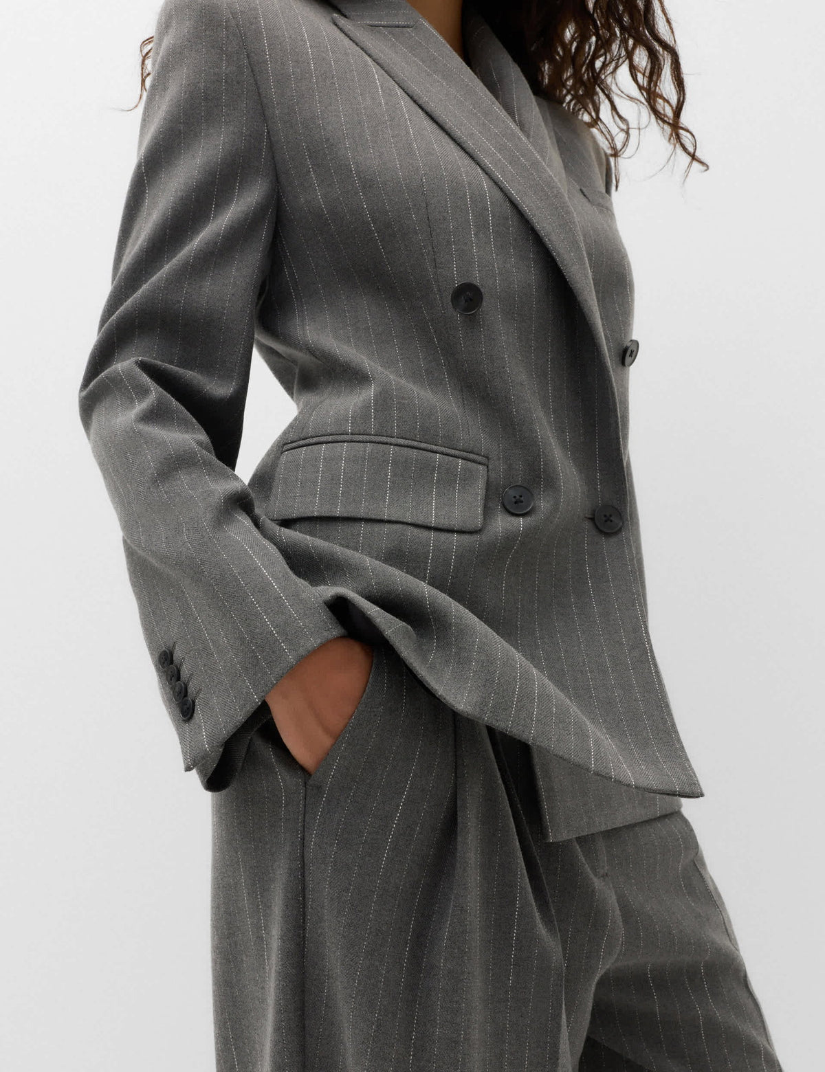 Yün Karışımlı Çizgili Çift Düğmeli Blazer