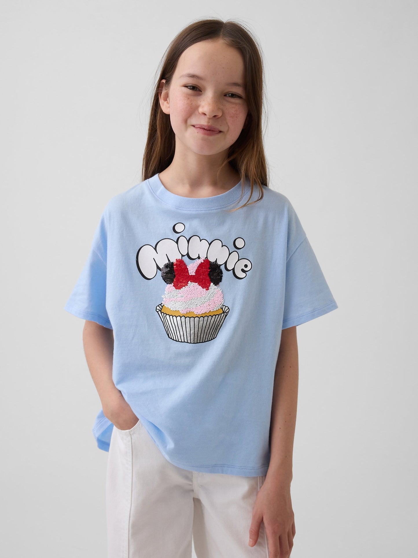 Açık Mavi Disney Oversized Flippy Sequins Grafik Baskılı T-shirt
