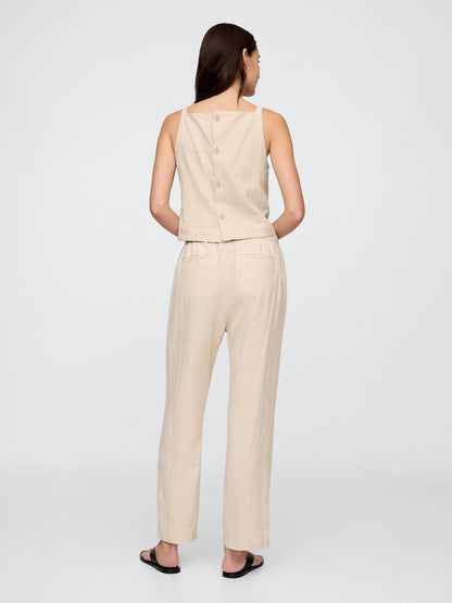 Bej Mid Rise Keten Karışımlı Pull-on Pantolon