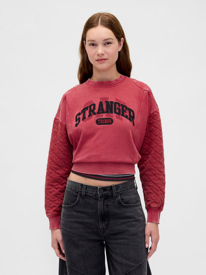 Kırmızı Stranger Things Yastıklı Kol Logolu Sweatshirt