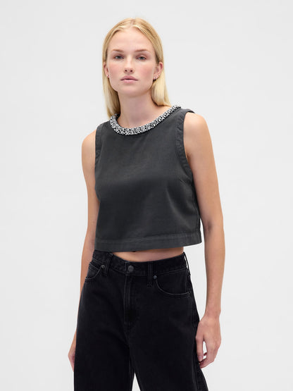 Siyah Jewel-neck Shell Tank Bluz