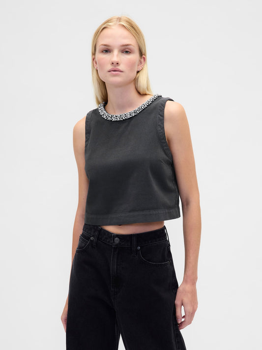 Siyah Jewel-neck Shell Tank Bluz