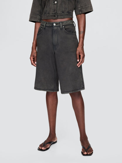 Siyah 11 Mid Rise Fransız Havlu Kumaş Denim Uzun Şort