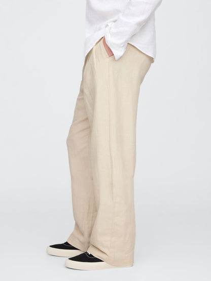 Bej Keten Pamuk Karışımlı '90s Loose Pileli Khaki Pantolon