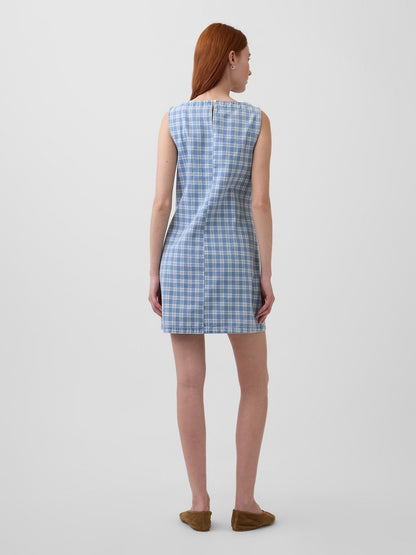 Açık Mavi Kareli Denim Mini Shift Elbise