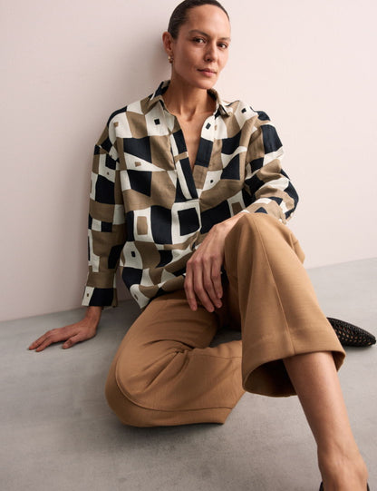 Keten Geometrik Desenli Relaxed Fit Gömlek