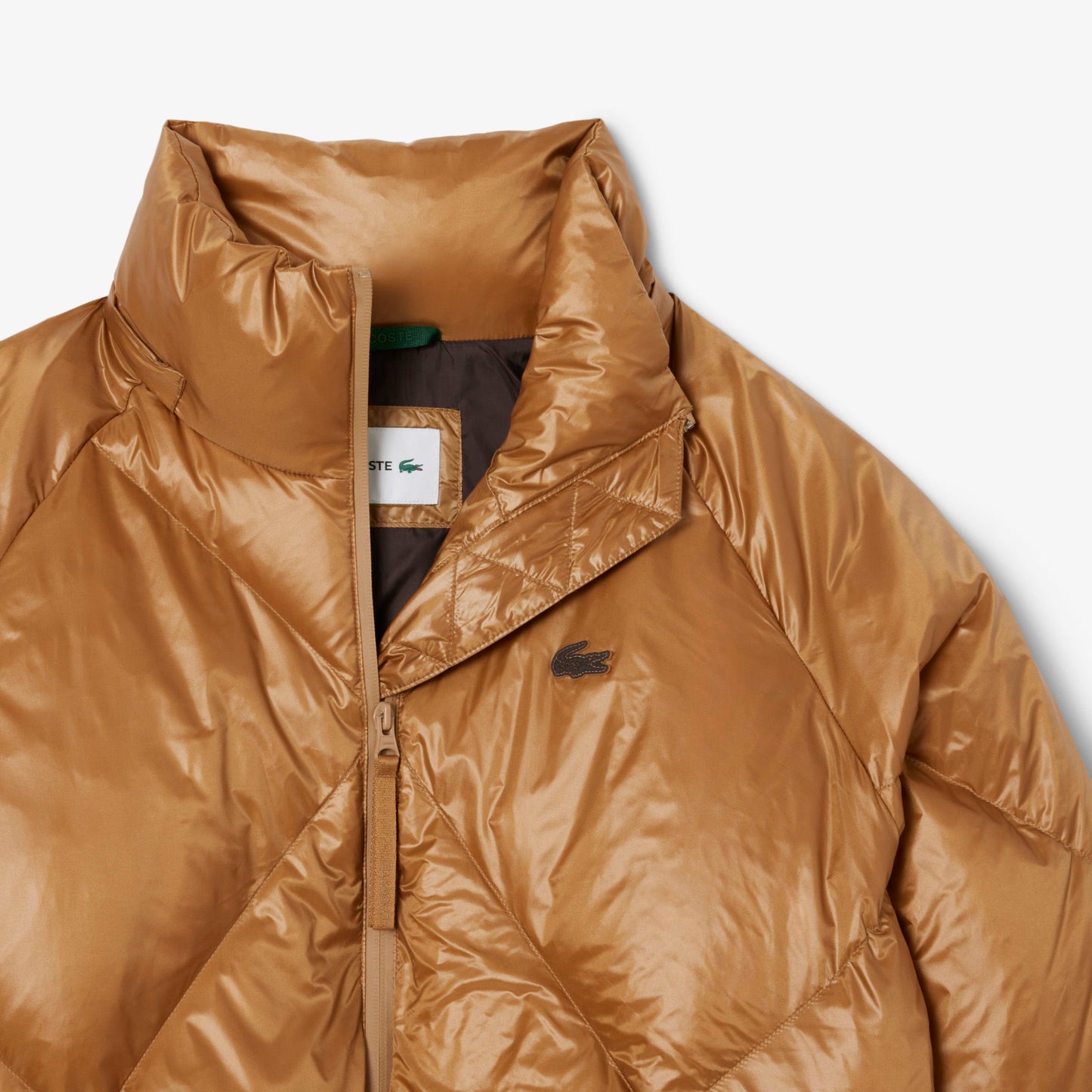 Lacoste Kadın Oversize Fit Kapüşonlu Kapitone Açık Kahverengi Mont