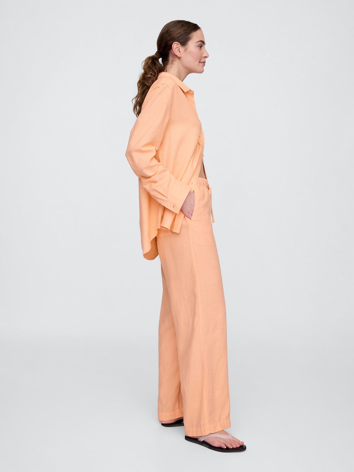 Turuncu Mid Rise Keten Karışımlı Pull-on Wide-leg Pantolon