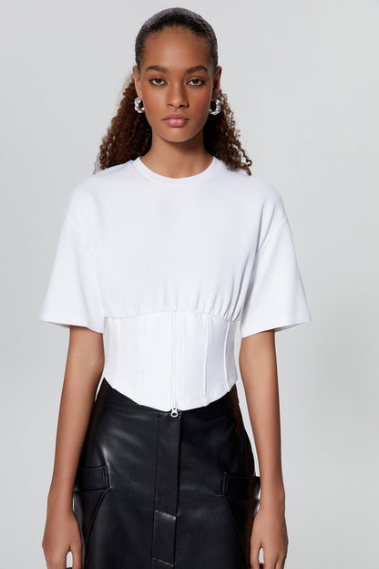 Fermuar Detaylı Beyaz Crop T-shirt