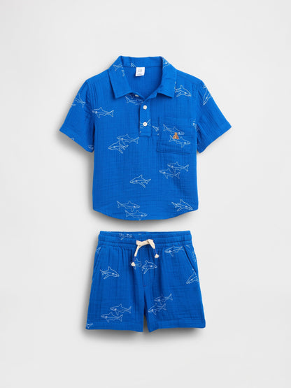 Mavi Pamuk Gauze Polo Outfit Set