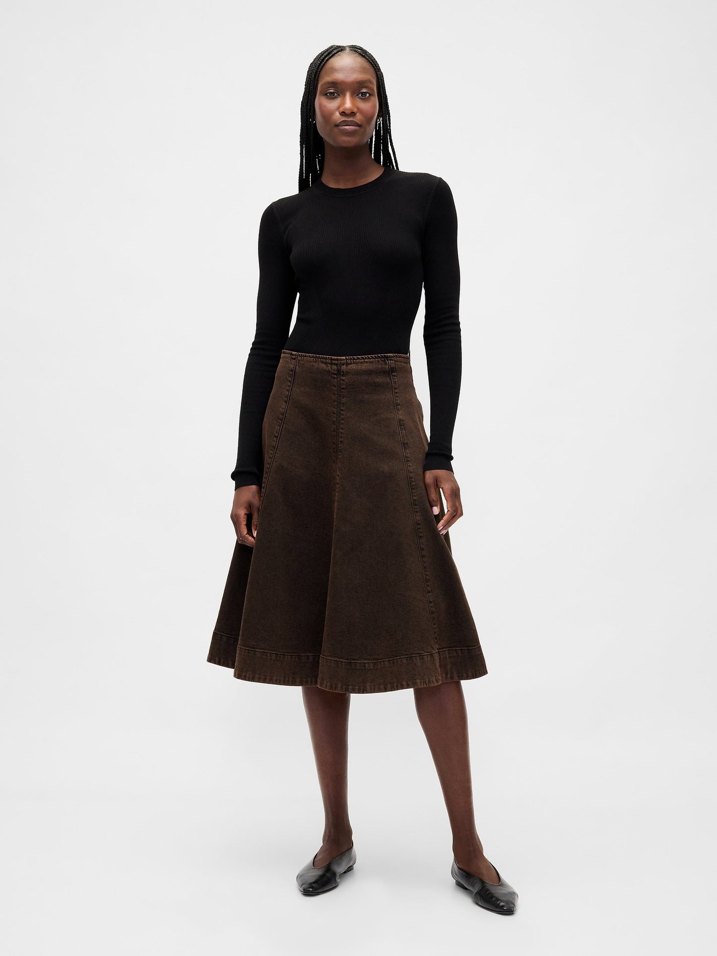 Koyu Kahverengi Denim Tulip Midi Etek